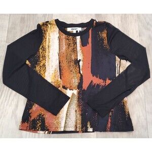 DKNY Womens Size L Artsy Top Mesh Sleeves Modal/Cotton Geometric Black Orange
